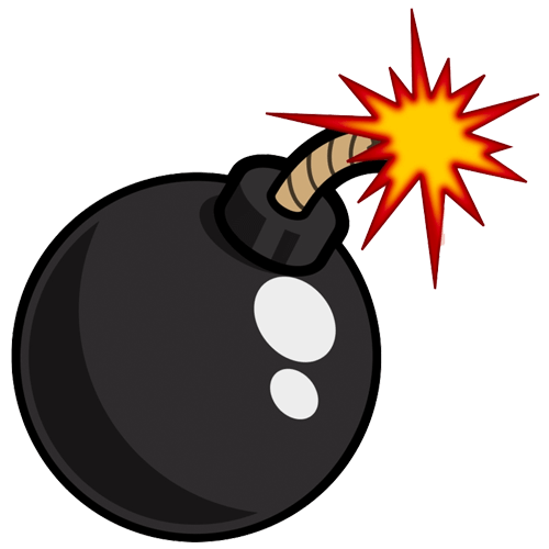 A cartoon bomb with lit up top and black sides.